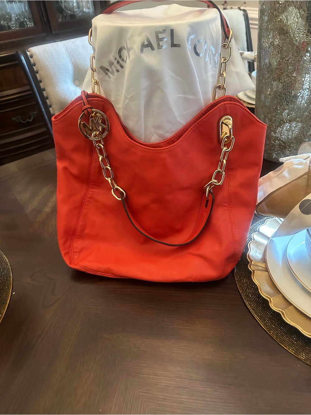 Slightly Worn Only Once LillyMichael Kors OrangeRed Leather Chain Shoulder Tote.
